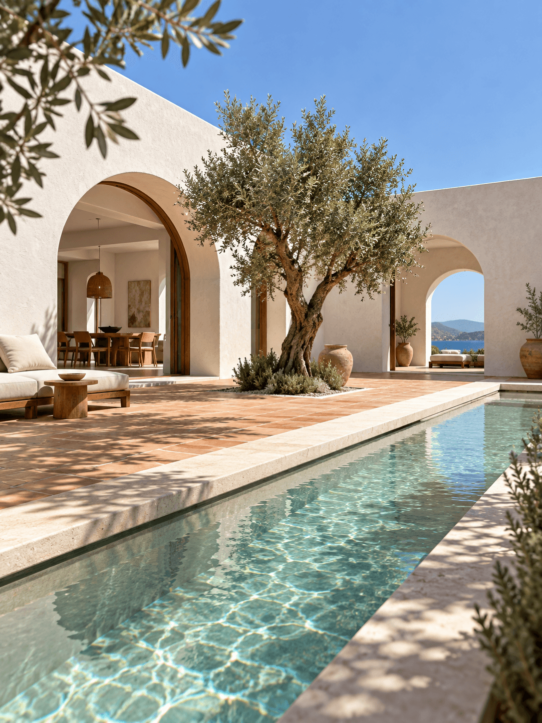 White Mediterranean villa with arches and a turquoise water channel