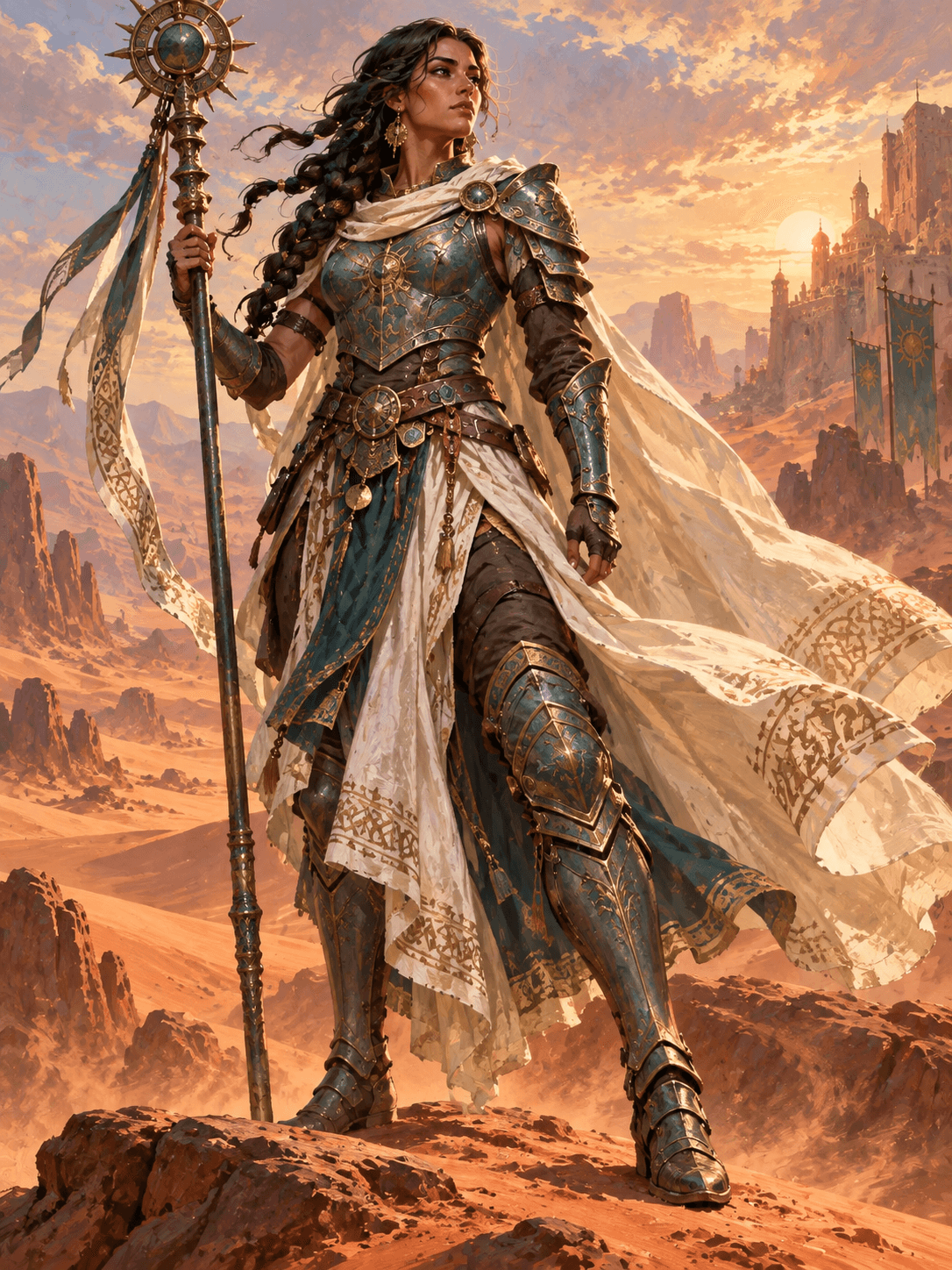 Desert guardian in teal armor with an ivory cape