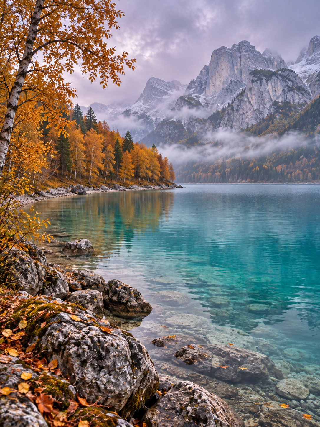 Turquoise alpine lake framed by copper autumn trees
