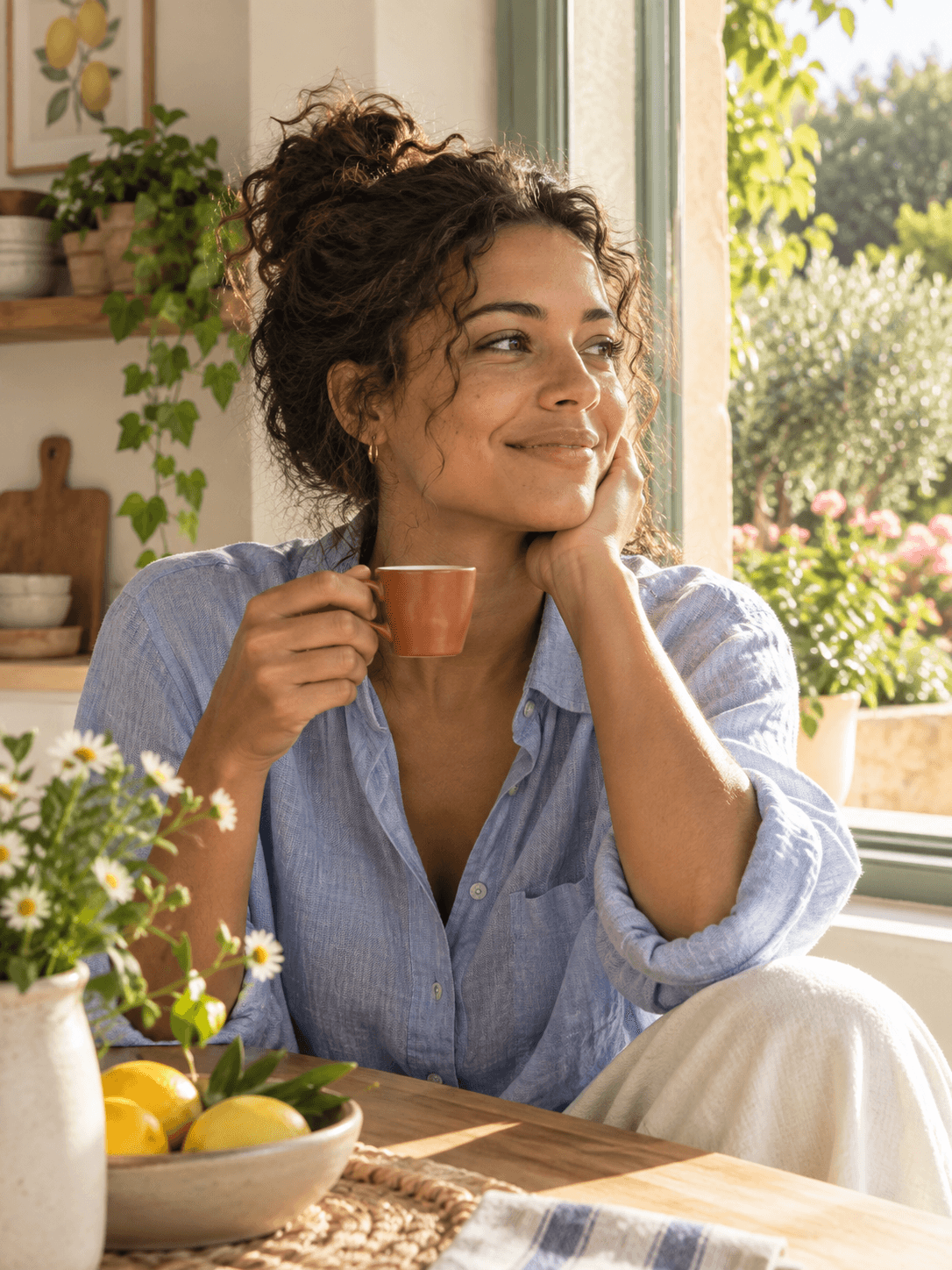 Woman enjoying an espresso beside a sunlit kitchen window