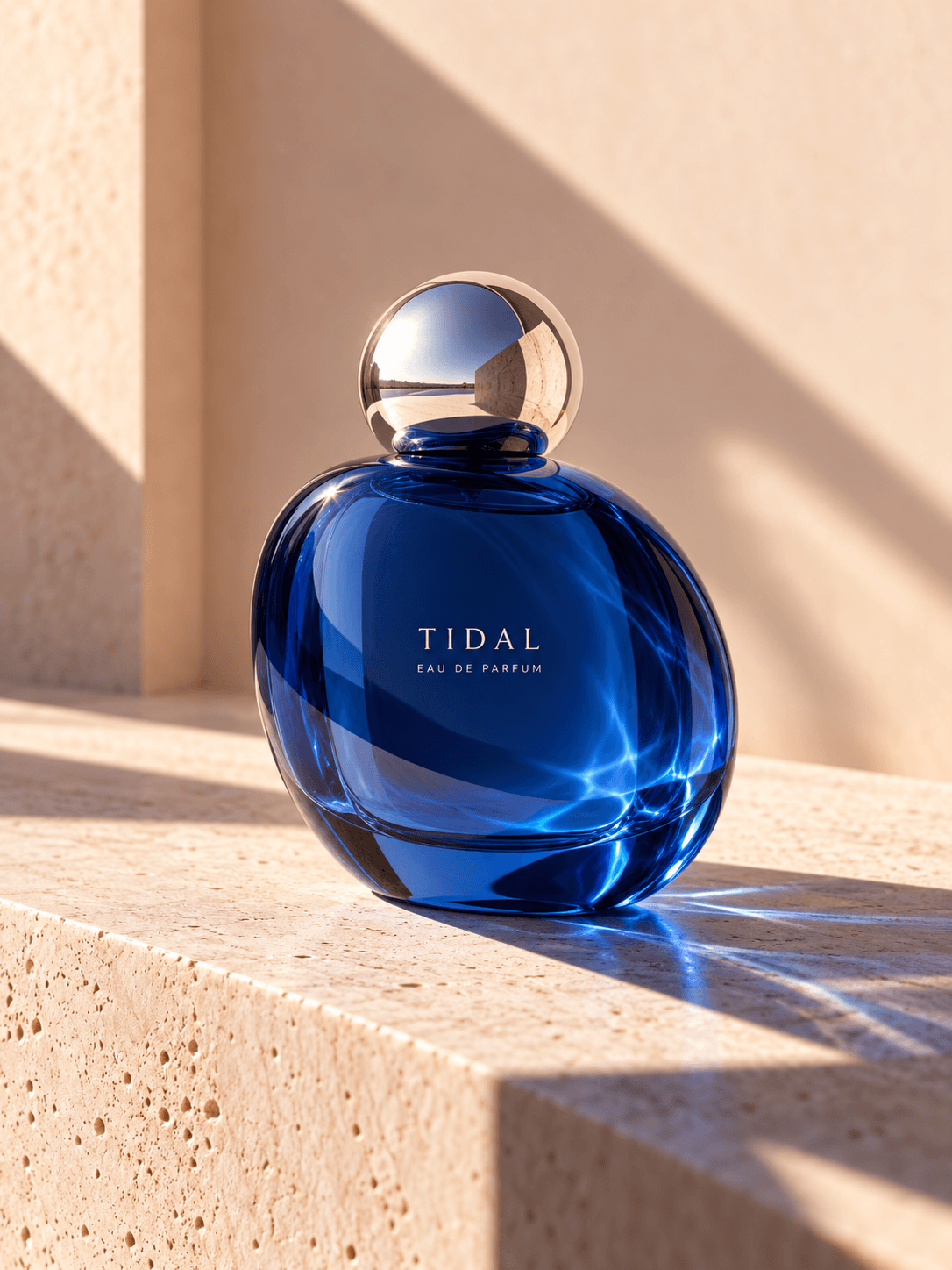 Cobalt-blue Tidal perfume bottle on sunlit peach stone