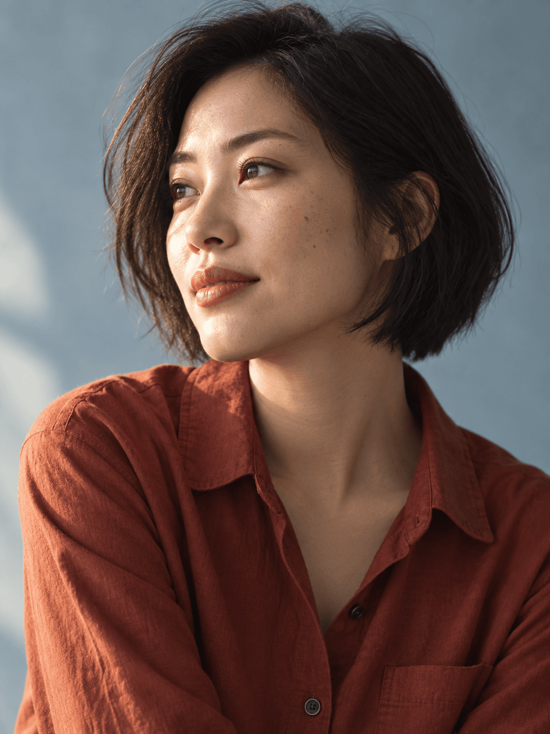 Short-haired woman in a rust shirt against a soft blue backdrop
