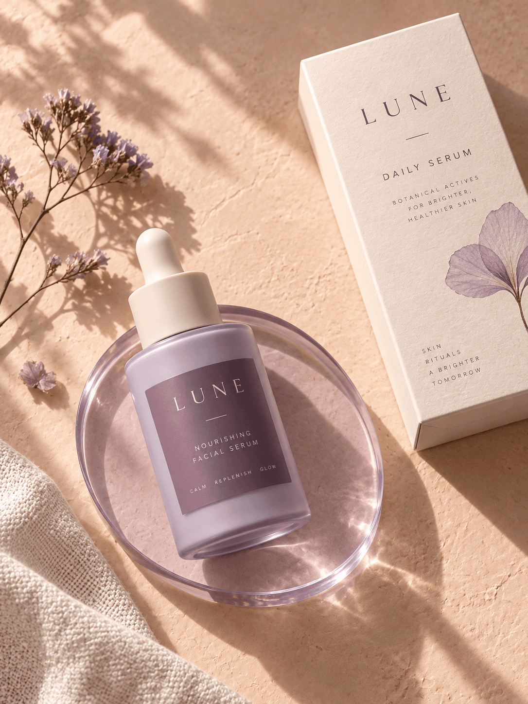 Lavender Lune skincare packaging arranged on peach plaster
