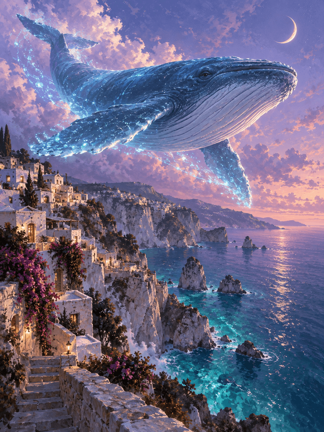 Luminous blue whale above a coastal village at lilac twilight
