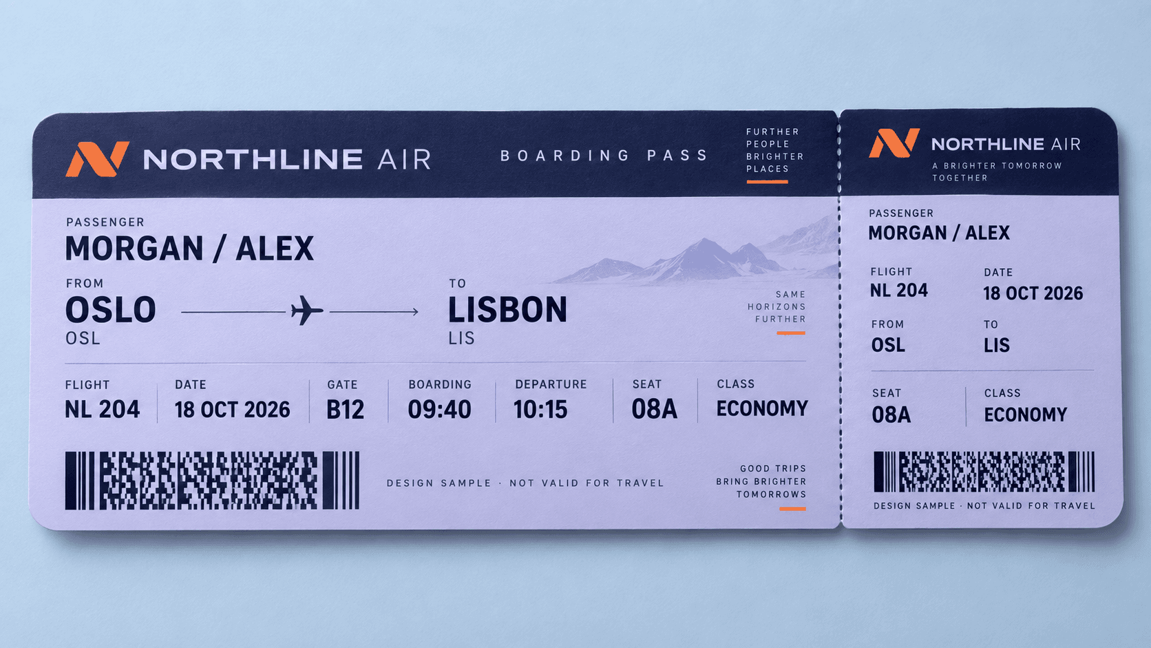 A lavender airline ticket with readable passenger, gate, seat, and departure details.