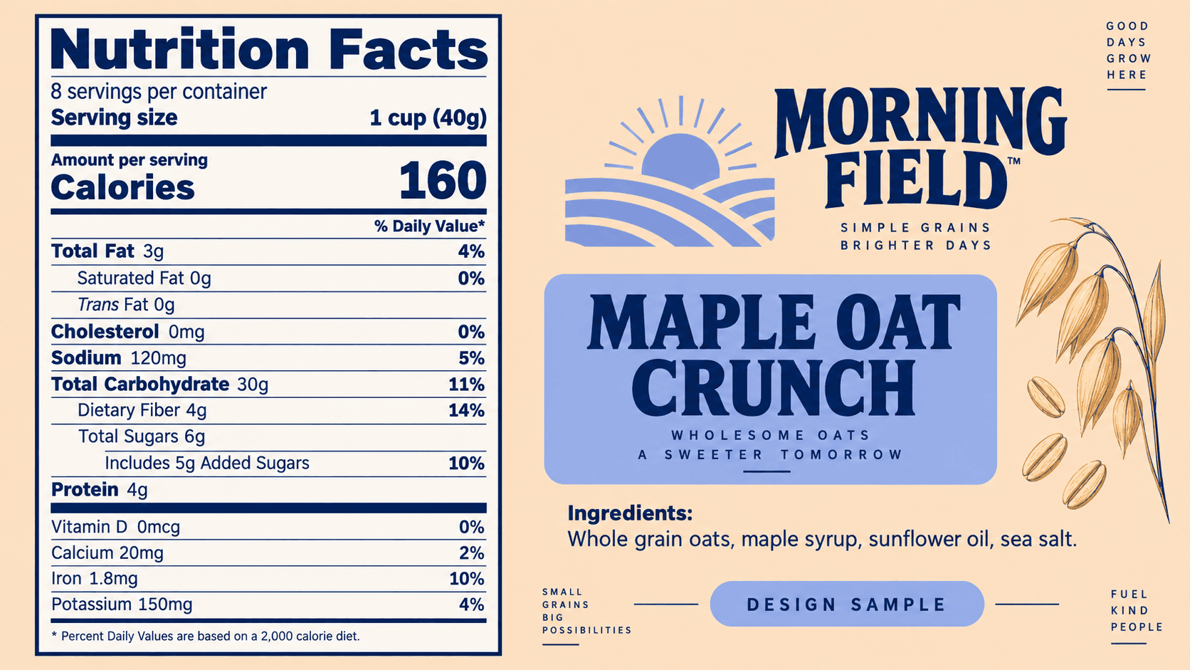 A cereal packaging concept with a crisp nutrition table and a fresh apricot palette.