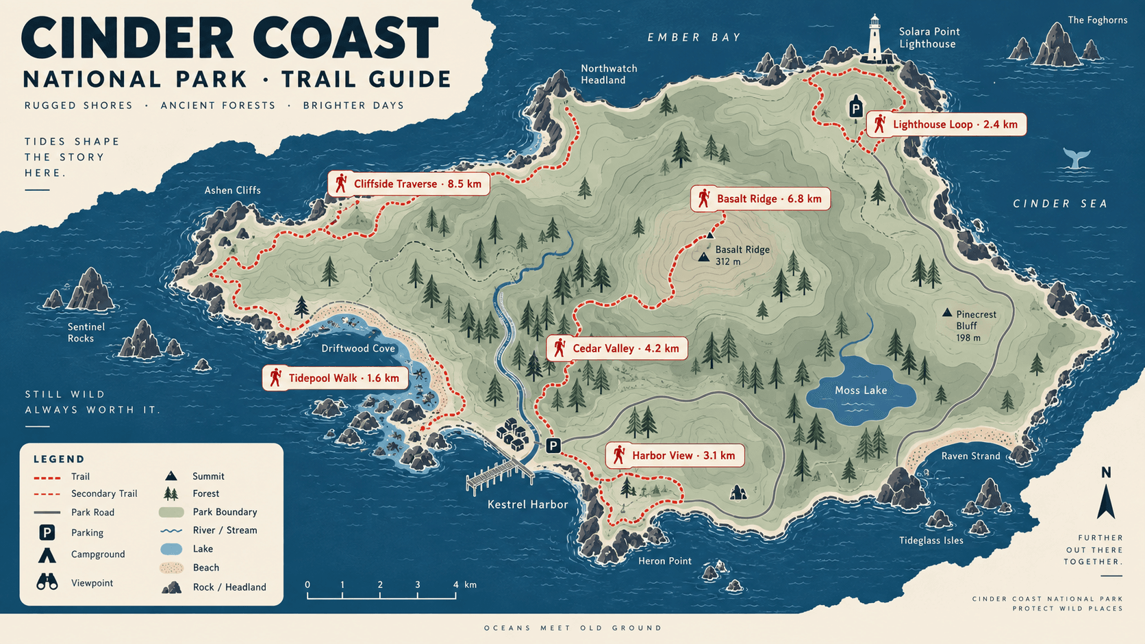 A coastal park map with six named routes, clear distances, and a compact legend.